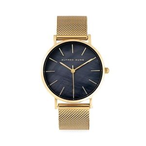 Never Worn Alfred Sung Gold & Black Black Mother-Of-Pearl & Mesh Strap Watch